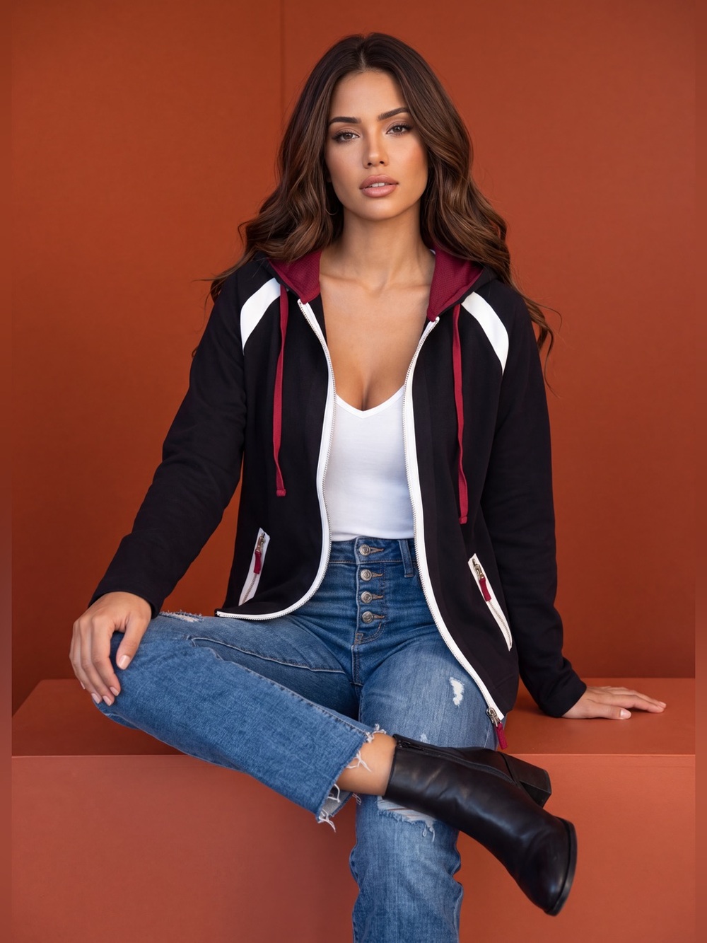 LOFT Black Zip Hoodie with Burgundy Hood and White Trim